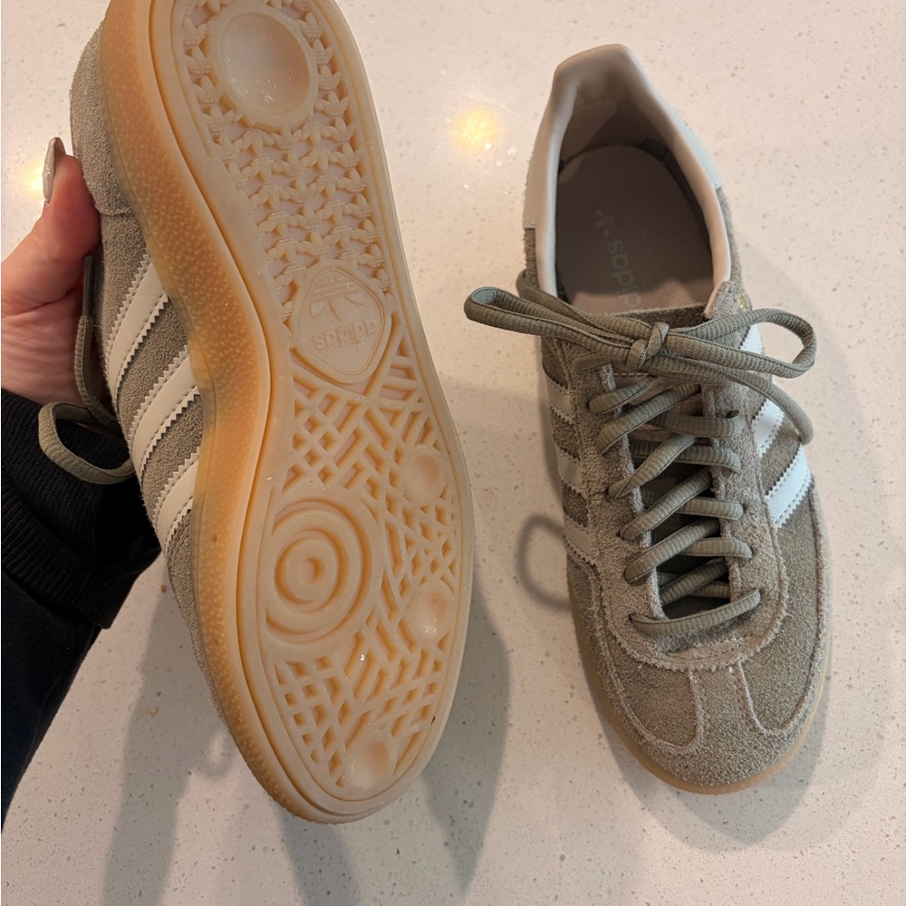 Adidas Taupe Suede Sneakers with White Stripes - Picture 3 of 4